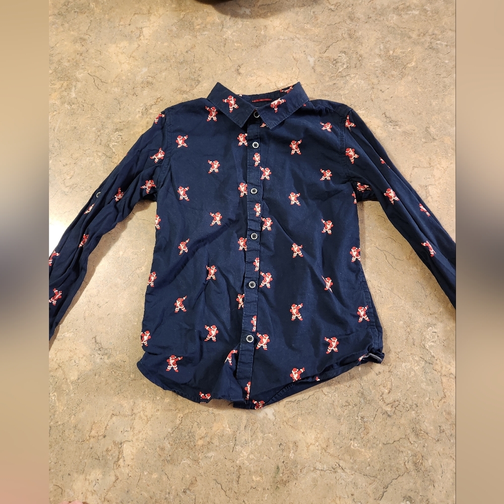 Denim & Flower Santa Button Down Dress Shirt Boys Size 9/10